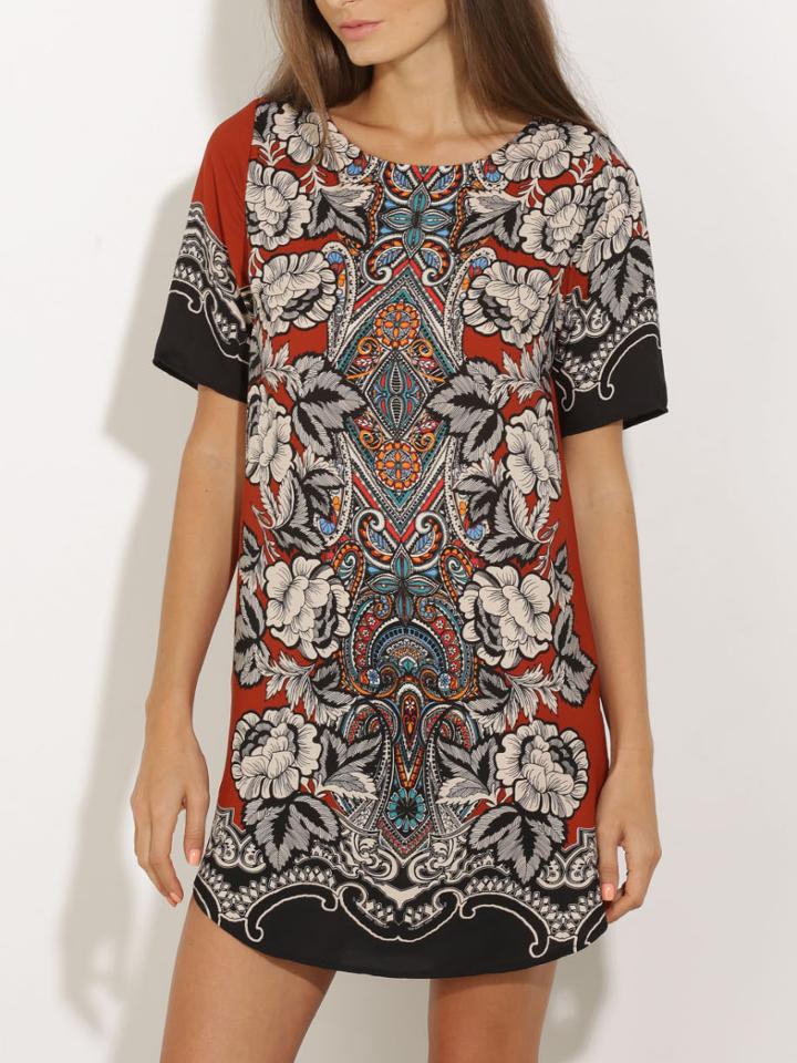 Romwe Aztec Print Keyhole Back Side Slit Dress