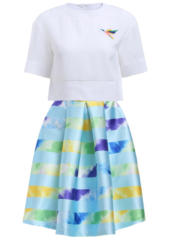 Romwe Round Neck Embroidered Crop Top With Striped Skirt