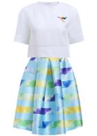 Romwe Round Neck Embroidered Crop Top With Striped Skirt