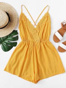 Romwe Lace Patchwork Crisscross Romper