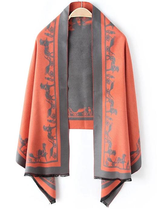 Romwe Carriage Print Fringe Orange Scarf