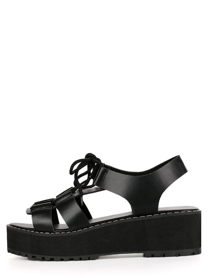 Romwe Black Faux Leather Open Toe Platform Gladiator Sandals