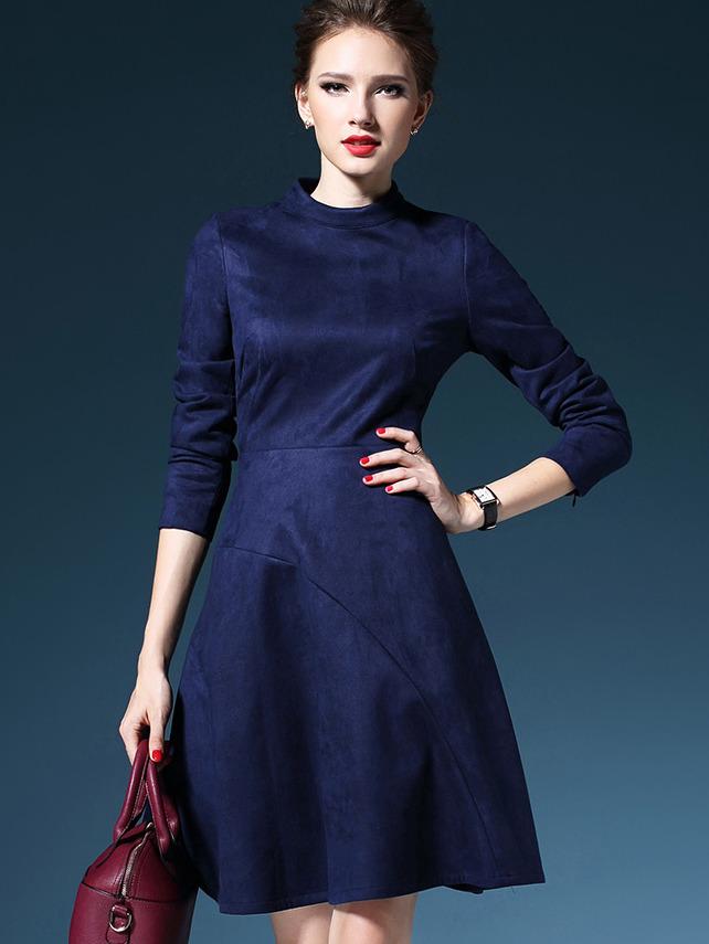 Romwe Navy Round Neck Long Sleeve Dress