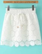 Romwe Elastic Waist Lace Crochet White Shorts