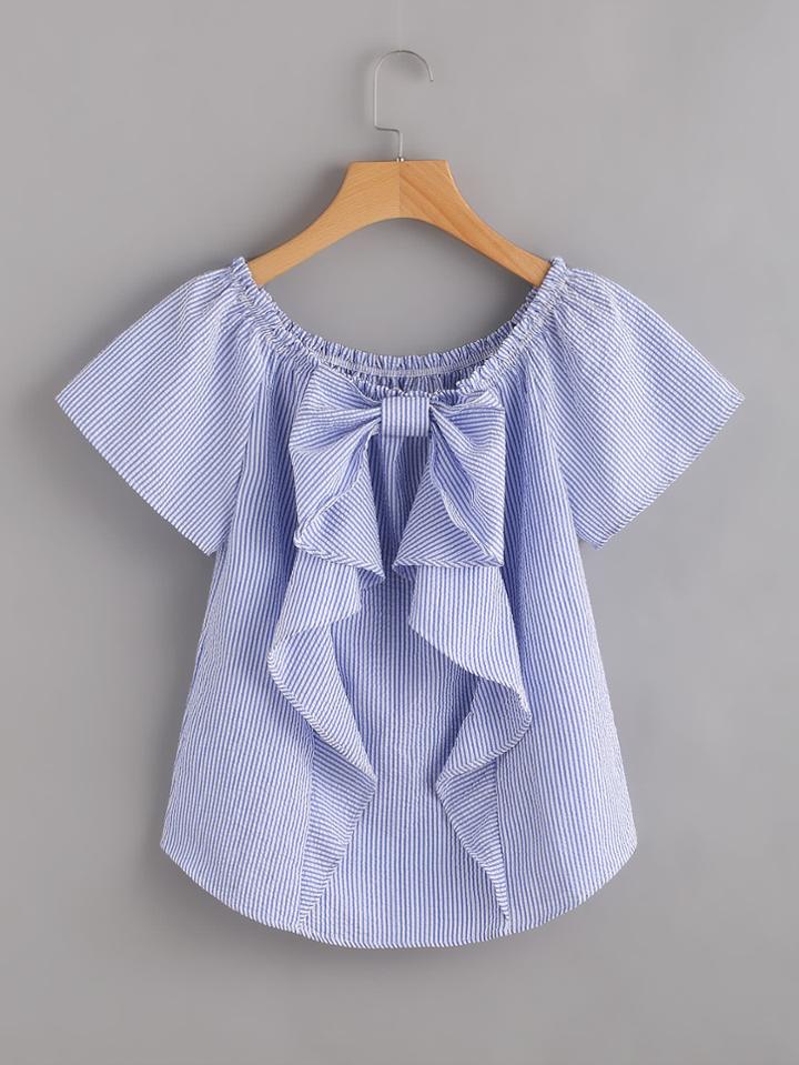 Romwe Vertical Striped Frill Trim Blouse