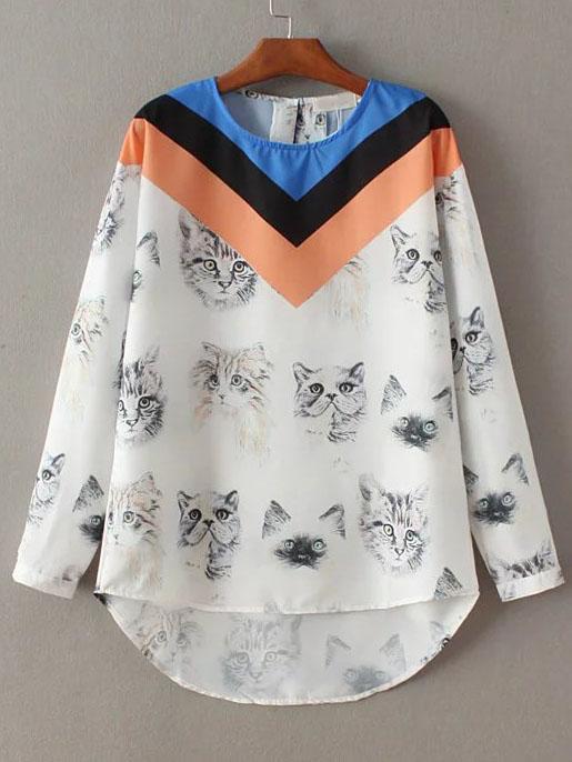 Romwe Color Block Cat Print High Low Blouse