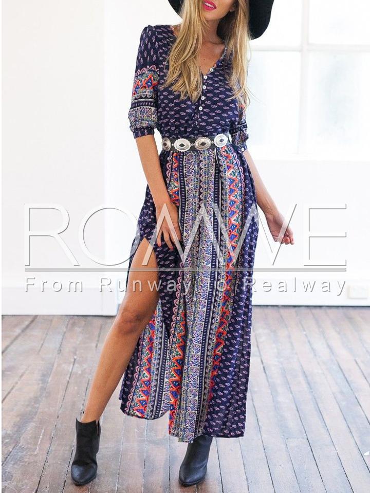 Romwe Navy Half Sleeve Vintage Print Split Maxi Dress