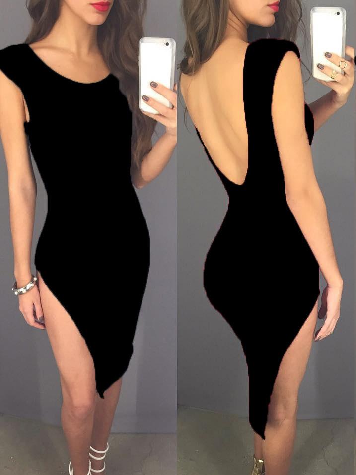 Romwe Black Scoop Back Slit Asymmetric Bodycon Dress
