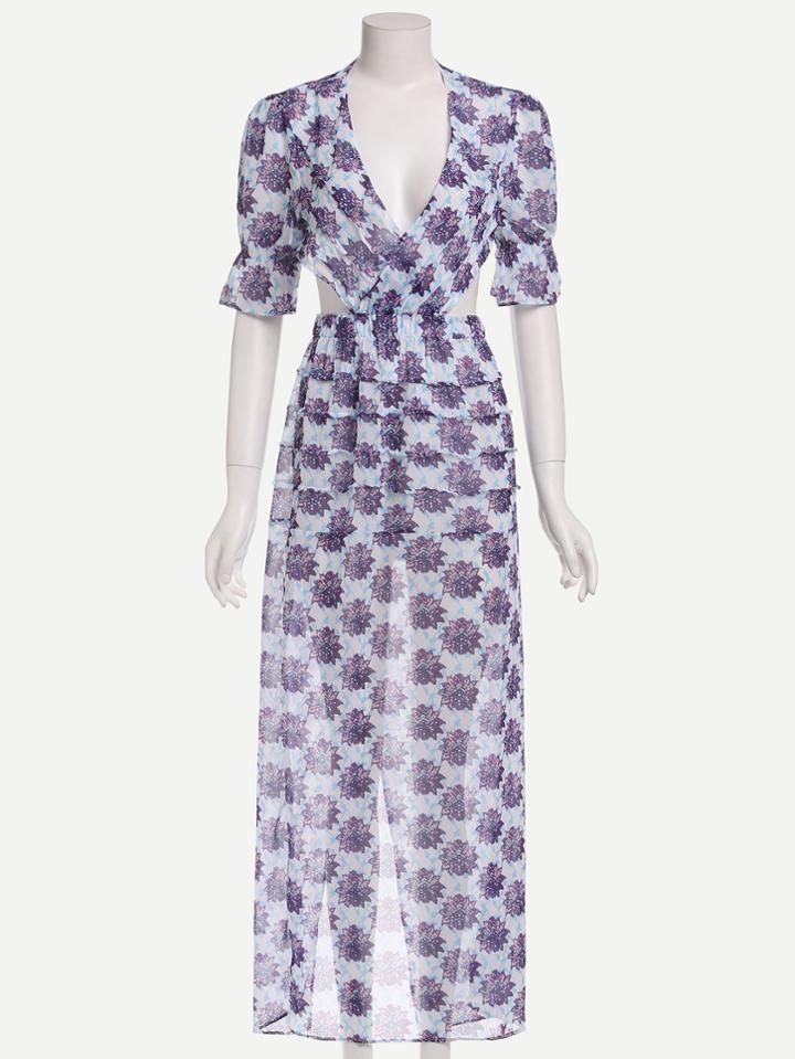 Romwe Deep V Neck Printed Ruffle Cut Out Maxi Dress