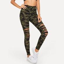Romwe Camo Print Ripped Leggings
