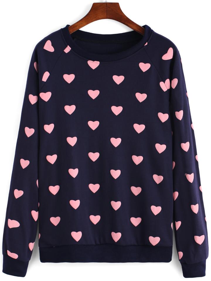 Romwe Round Neck Heart Print Navy Sweatshirt