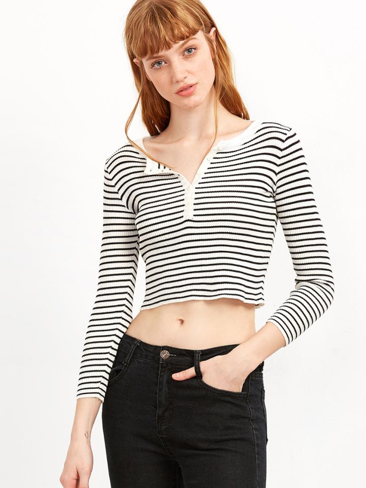 Romwe Black White Striped Ribbed Crop Sweater With Button