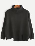 Romwe Black Roll Neck Drop Shoulder Asymmetric Hem Sweater
