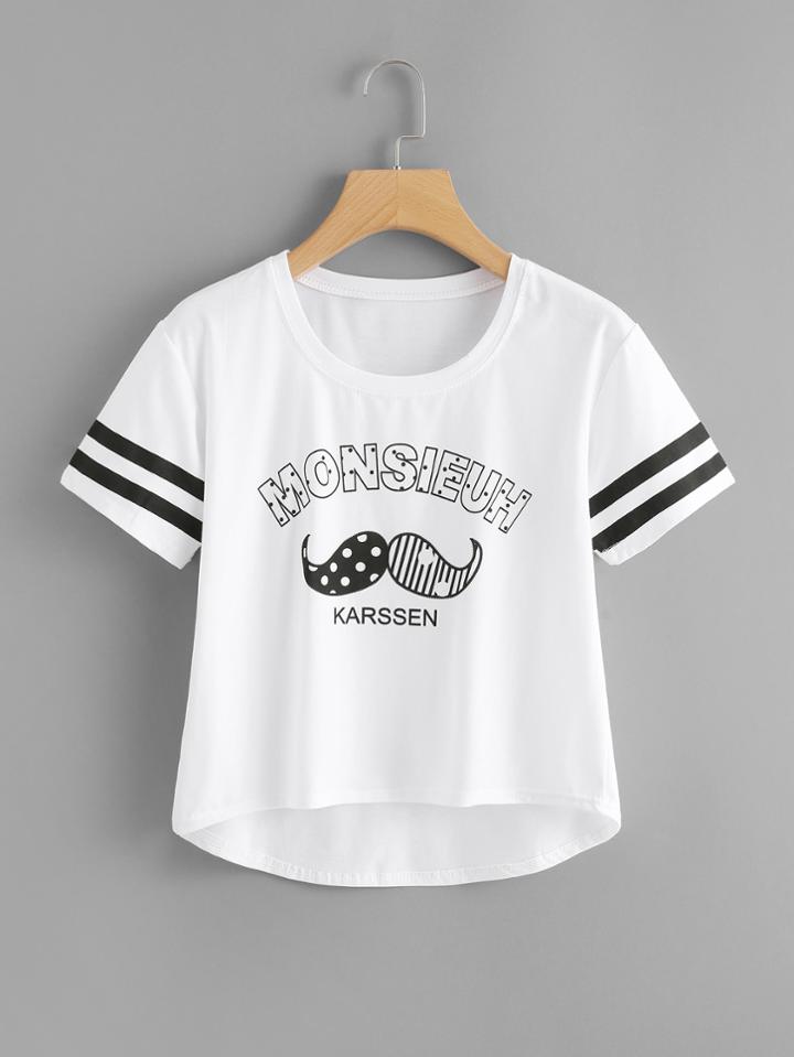 Romwe Moustache Print Dip Hem Tee