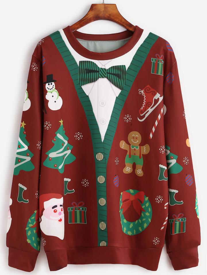 Romwe Christmas Print Long Sleeve Sweatshirt