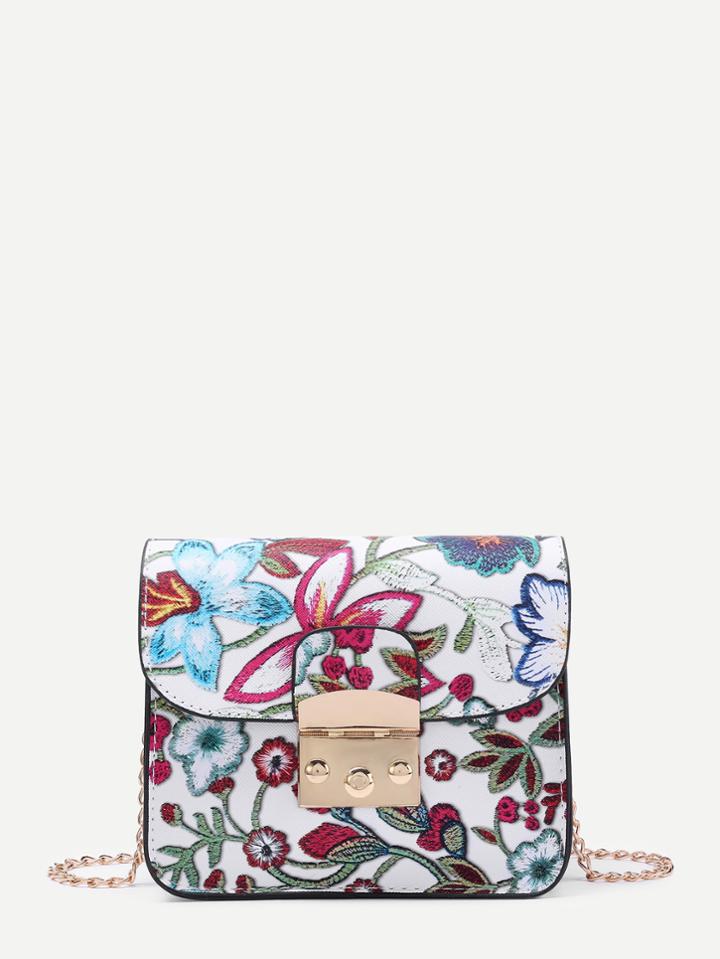 Romwe Flower Embroidery Pu Chain Cross Body Bag