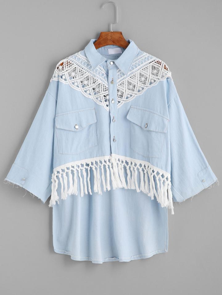 Romwe Blue Crochet Insert Fringe High Low Denim Blouse