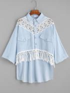 Romwe Blue Crochet Insert Fringe High Low Denim Blouse