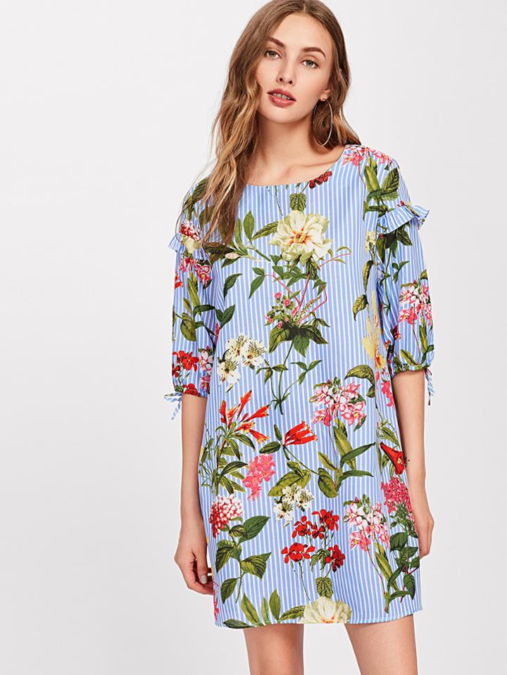 Romwe Flower And Stripe Print Frilled Split Sleeve Dress