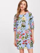 Romwe Flower And Stripe Print Frilled Split Sleeve Dress