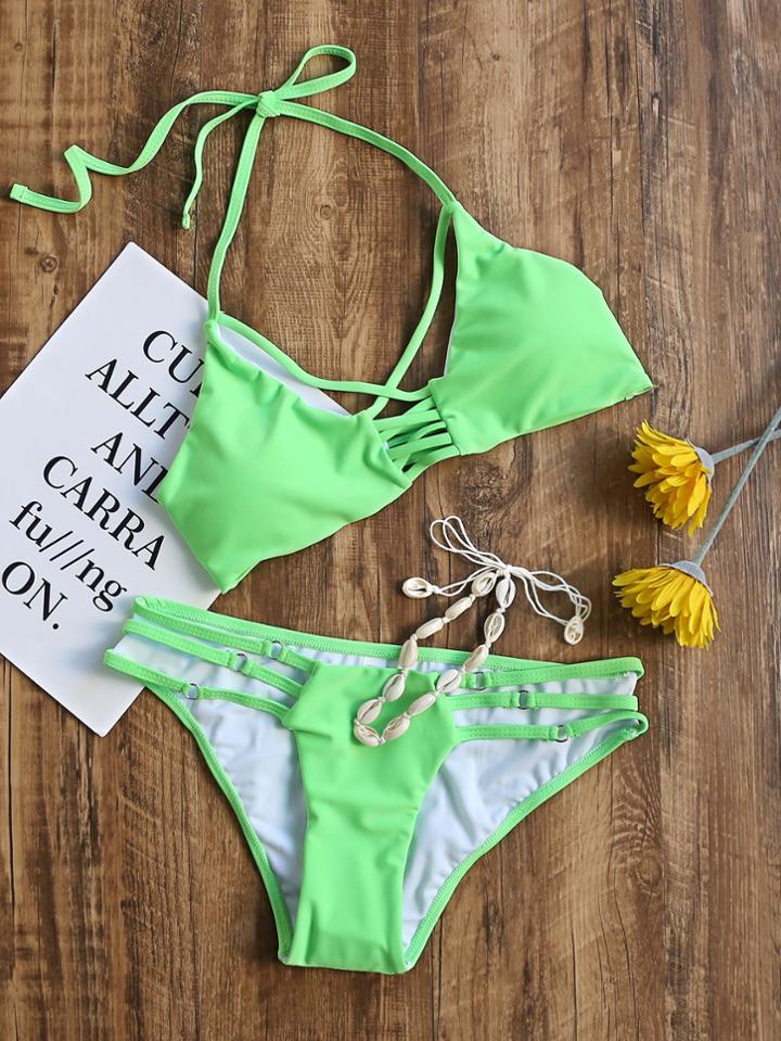 Romwe Light Green Cross Front Ladder Cutout Halter Bikini Set