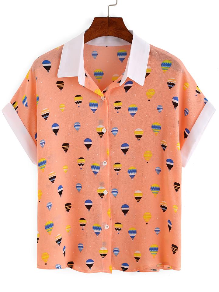 Romwe Contrast Collar & Sleeve Hot Air Balloon Print Blouse