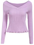 Romwe V Neck Fungus Hem Slim Purple Sweater