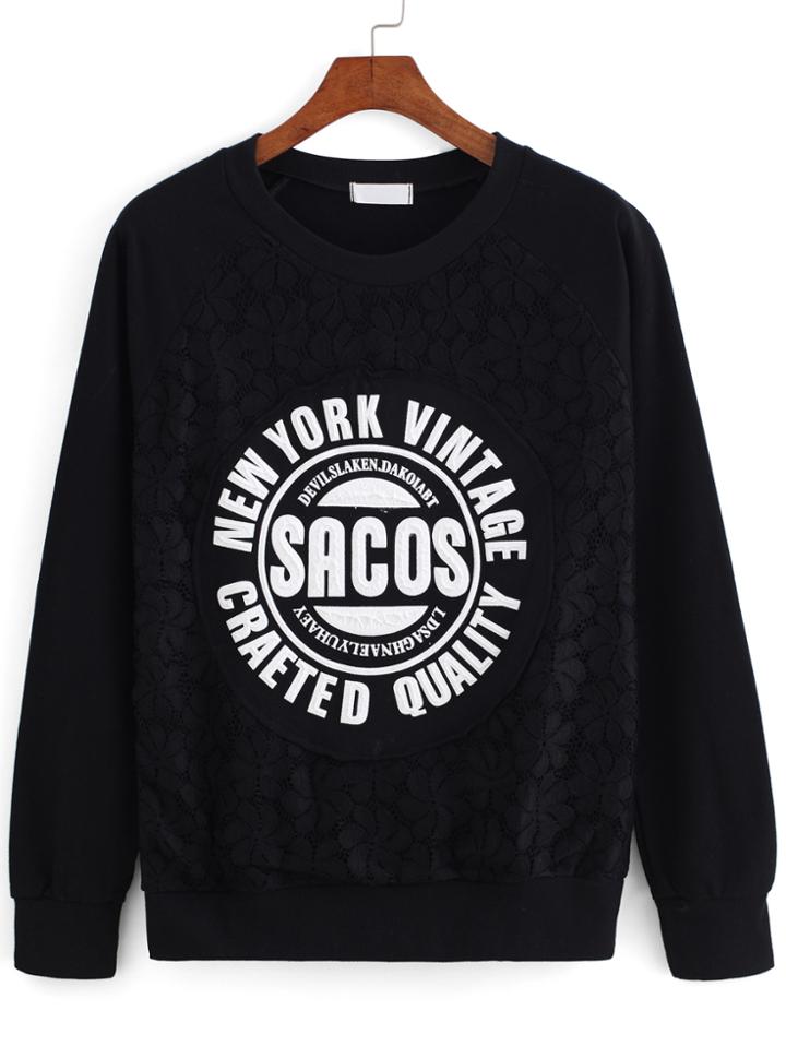 Romwe Lace Paneled Letter Print Sweatshirt