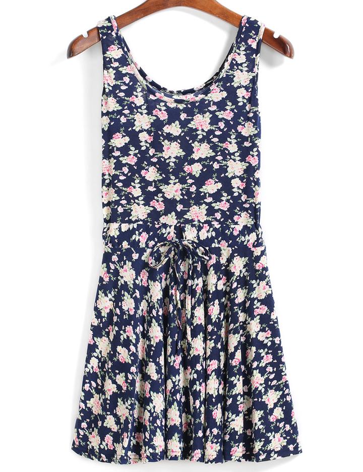 Romwe Drawstring Rose Print Pleated Navy Dress