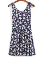 Romwe Drawstring Rose Print Pleated Navy Dress