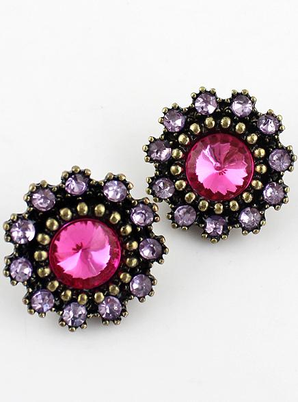 Romwe Purple Gemstone Retro Gold Bead Stud Earrings