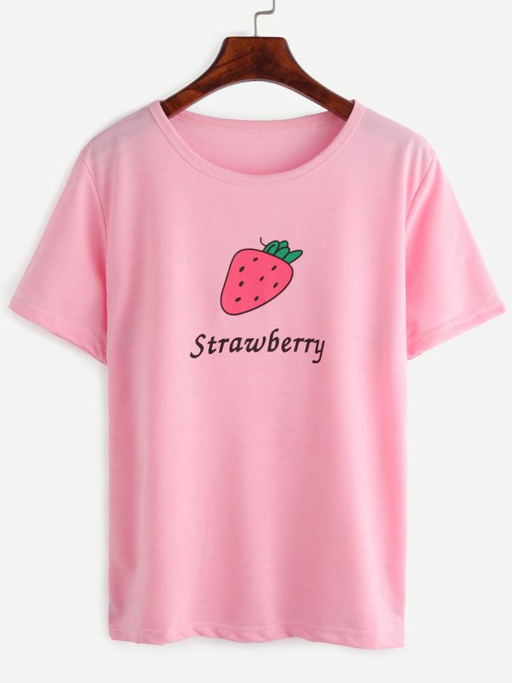 Romwe Pink Strawberry Print T-shirt