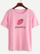 Romwe Pink Strawberry Print T-shirt