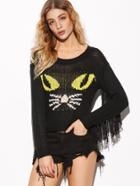 Romwe Black Fringe Trim Cat Pattern Sweater