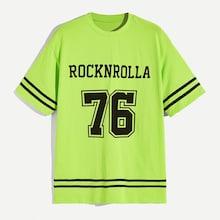 Romwe Guys Striped Number Print Neon Green Tee