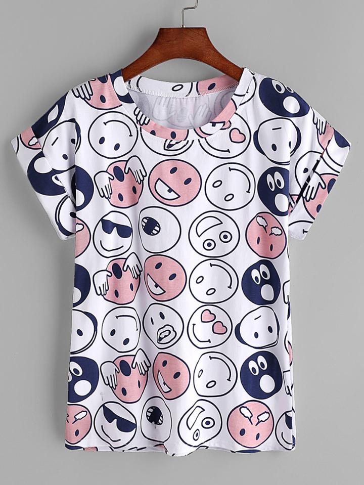 Romwe Smiley Face Print Cuffed T-shirt