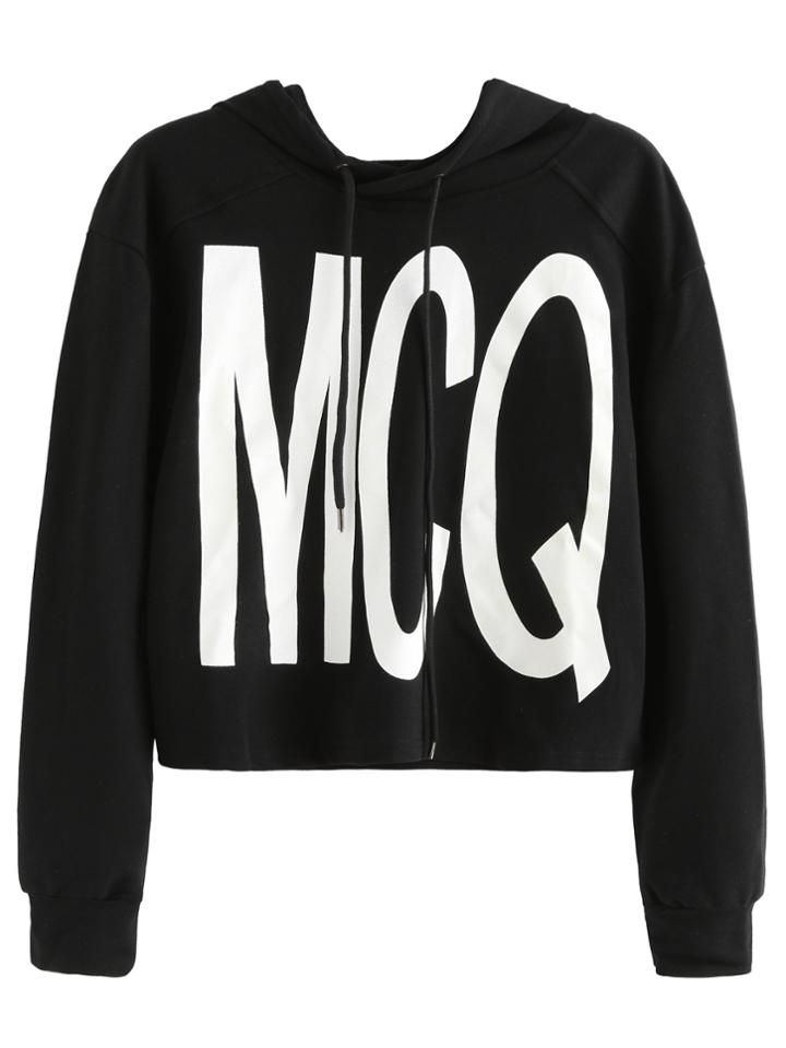 Romwe Black Letter Print Drawstring Hooded Crop Sweatshirt
