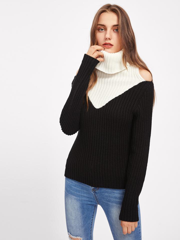 Romwe Contrast Neck Open Shoulder Jumper