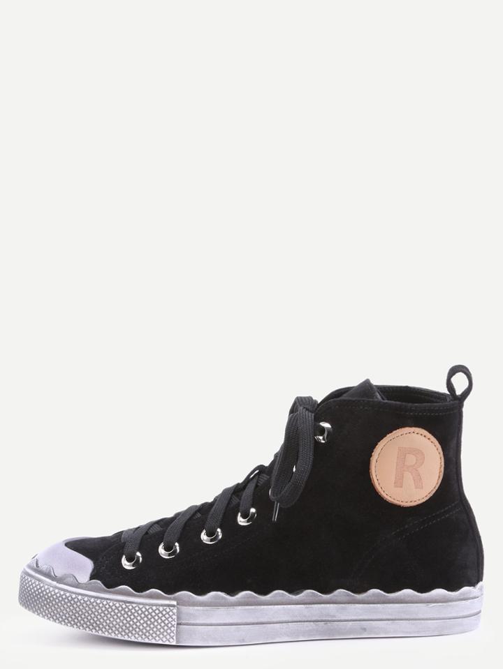 Romwe Black Genuine Leather Distressed High Top Flat Sneakers