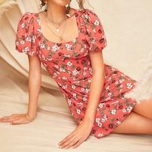 Romwe Puff Sleeve Floral Dress