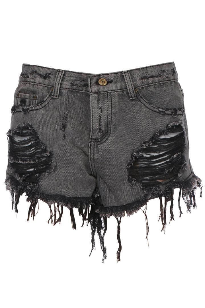 Romwe Shredded Mini Grey Denim Shorts