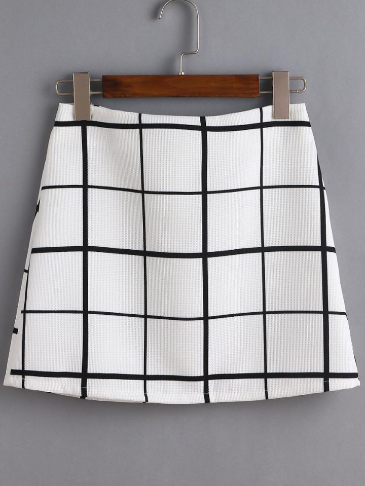 Romwe Black And White Grid A Line Skirt
