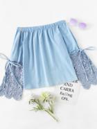 Romwe Off Shoulder Self Tie Sleeve Lace Cuff Top