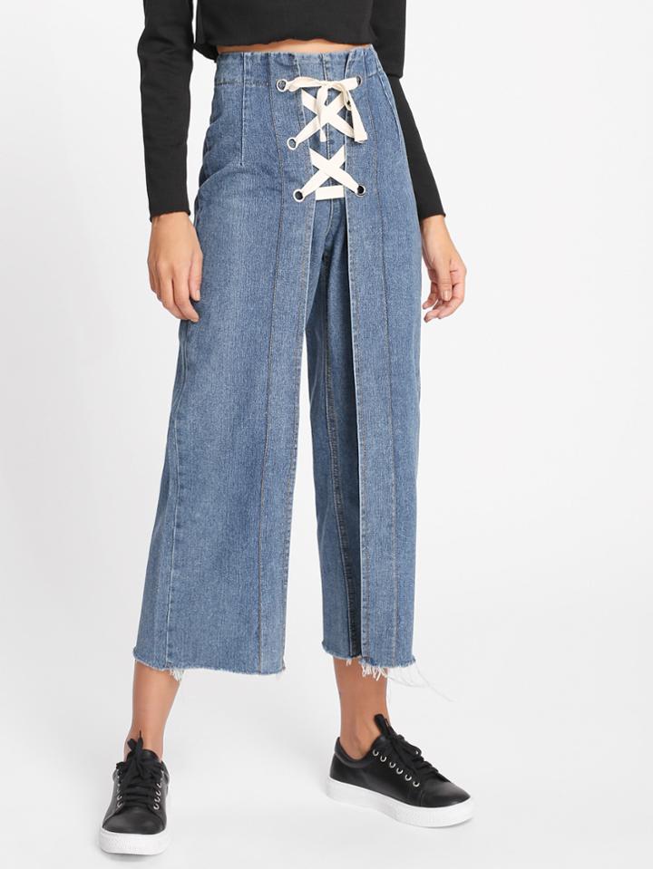 Romwe Lace Up Wide Leg Jeans