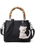 Romwe Bamboo Handle Tote Bag With Cat Bag Charm - Black