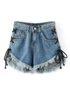 Romwe Raw Hem Eyelet Lace Up Denim Shorts