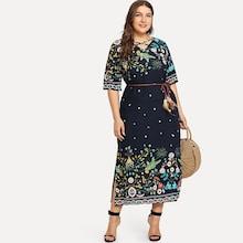 Romwe Plus Floral Print Slit Side Dress