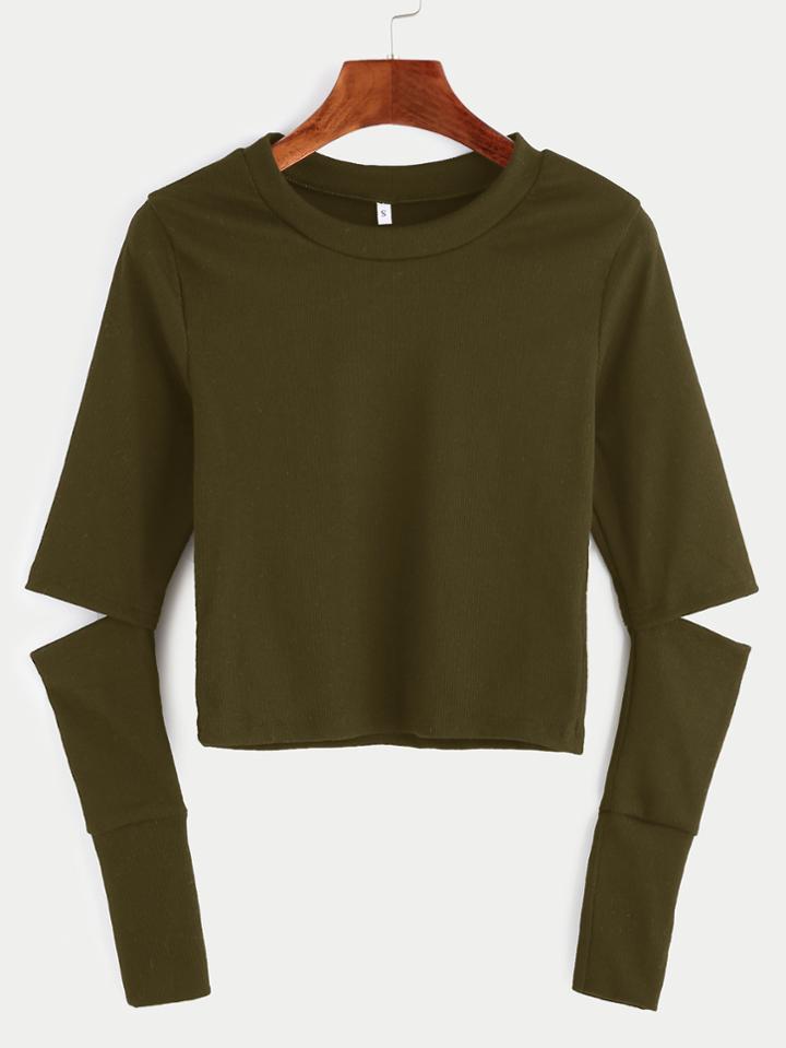 Romwe Army Green Elbow Cut Out Crop T-shirt