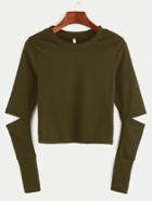 Romwe Army Green Elbow Cut Out Crop T-shirt