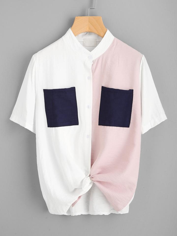 Romwe Color Block Knot Front Blouse With Chest Pockets